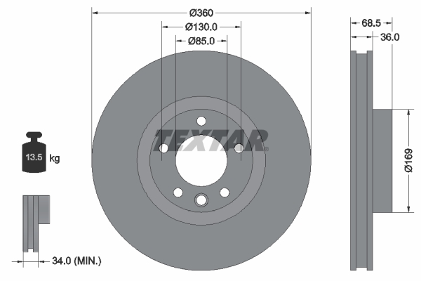 TEXTAR Bremseskive 92219505 360mm 36mm for VW PORSCHE