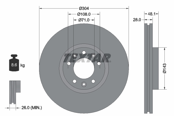 TEXTAR Bremseskive 92232305 304mm 28mm for PEUGEOT VAUXHALL IVECO CITROËN TOYOTA CITROËN (DF-PSA)