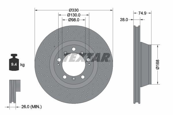 TEXTAR Bremseskive 92218905 perforeret 330mm 28mm for PORSCHE