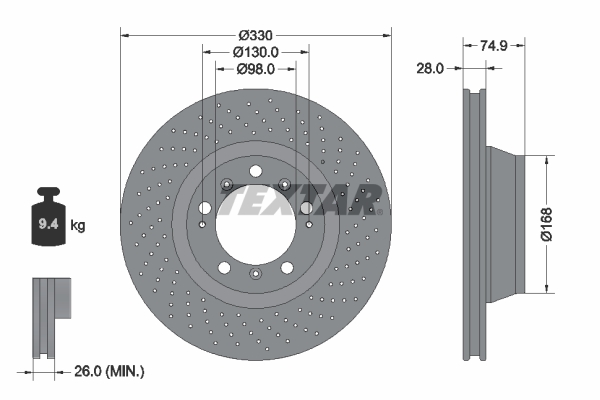 TEXTAR Bremseskive 92219005 perforeret 330mm 28mm for PORSCHE