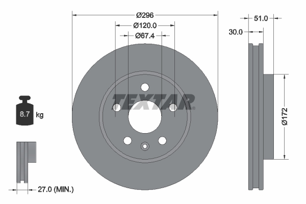 TEXTAR Bremseskive 92186905 296mm 30mm for OPEL BUICK SAAB