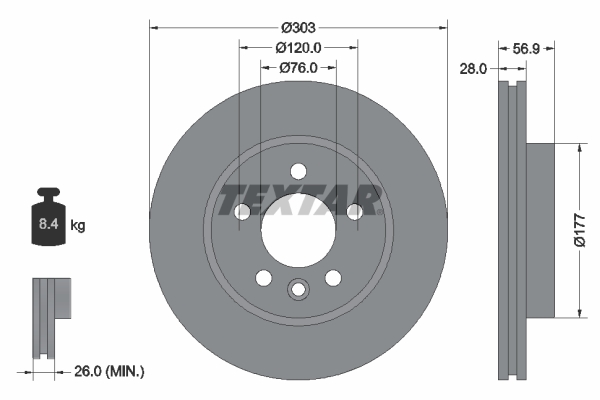 TEXTAR Bremseskive 92228905 303mm 28mm for VW