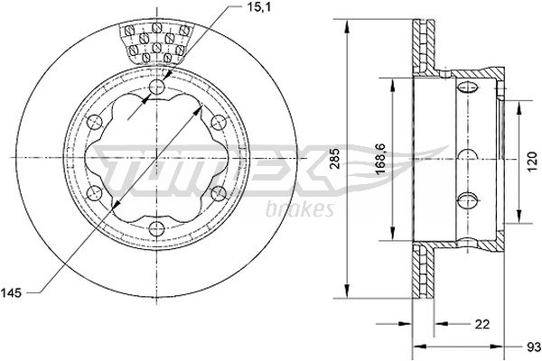 TOMEX BRAKES Bremseskive TX 70-25 bagaksel ventileret 285mm 22mm for VW MERCEDES-BENZ