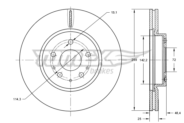 TOMEX BRAKES Bremseskive TX 73-22 foraksel ventileret 299mm 25mm for MAZDA BESTURN (FAW)