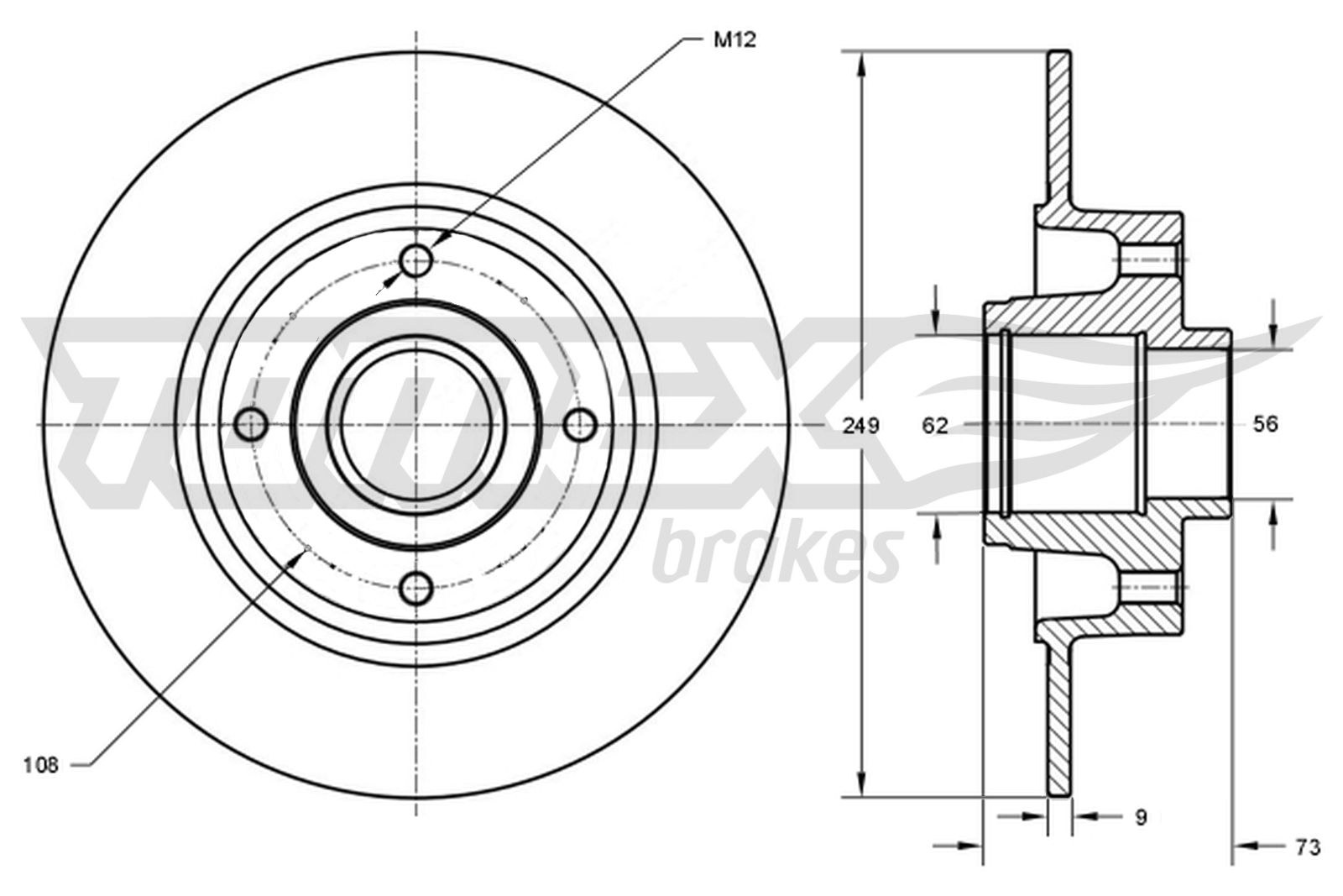 TOMEX BRAKES Bremseskive TX 73-611 bagaksel fuld 249mm 9mm for PEUGEOT CITROËN DS