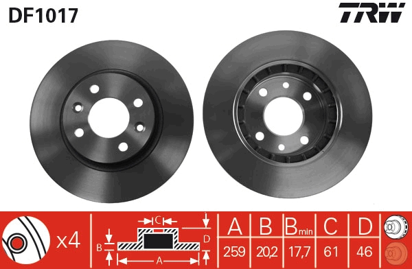 TRW Bremseskive df1017 ventileret 259mm 20mm for RENAULT