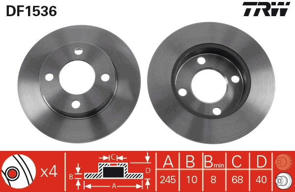 TRW Bremseskive df1536 fuld 245mm 10mm for VW AUDI