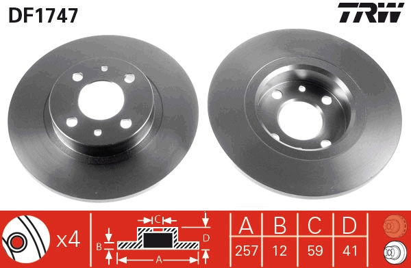 TRW Bremseskive df1747 258mm 12mm for LANCIA FIAT