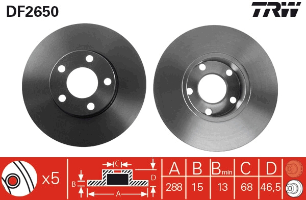 TRW Bremseskive df2650 fuld 288mm 15mm for VW AUDI