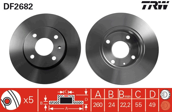 TRW Bremseskive df2682 ventileret 260mm 24mm for FORD