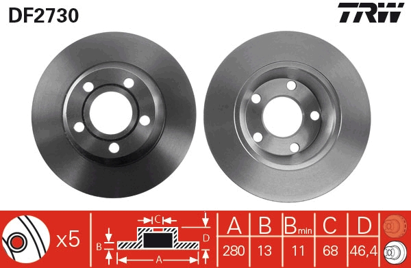 TRW Bremseskive df2730 fuld 280mm 13mm for AUDI
