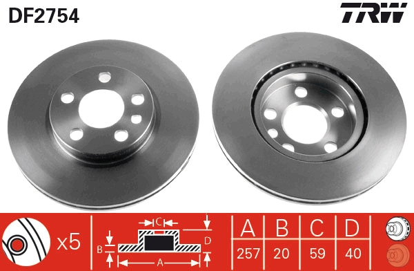 TRW Bremseskive df2754 258mm 20mm for FIAT PEUGEOT CITROËN
