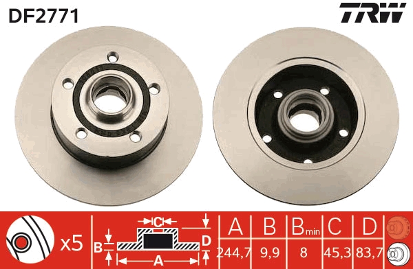 TRW Bremseskive df2771 245mm 10mm for AUDI