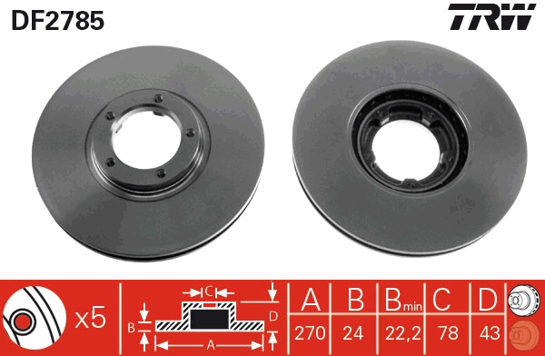 TRW Bremseskive df2785 ventileret 270mm 24mm for FORD