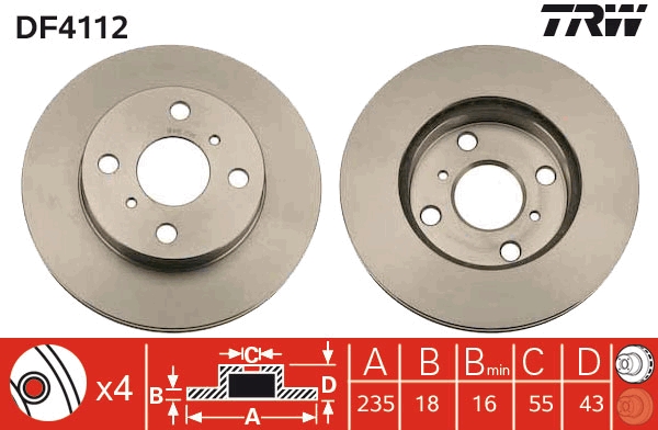 TRW Bremseskive df4112 235mm 18mm for TOYOTA (FAW) TOYOTA