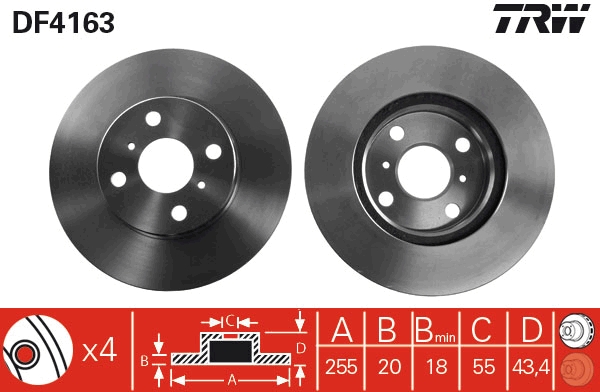 TRW Bremseskive df4163 255mm 20mm for TOYOTA