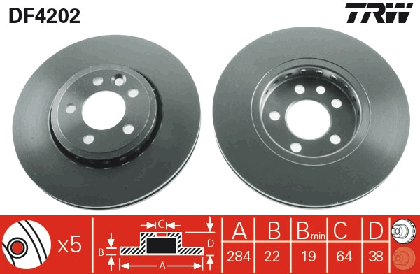 TRW Bremseskive df4202 ventileret 284mm 22mm for SAIC MOTOR ROVER MG
