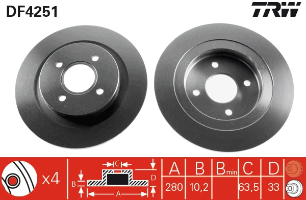 TRW Bremseskive df4251 fuld 280mm 10mm for FORD FORD USA