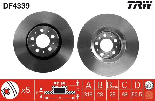 TRW Bremseskive df4339 ventileret 316mm 28mm for VOLVO