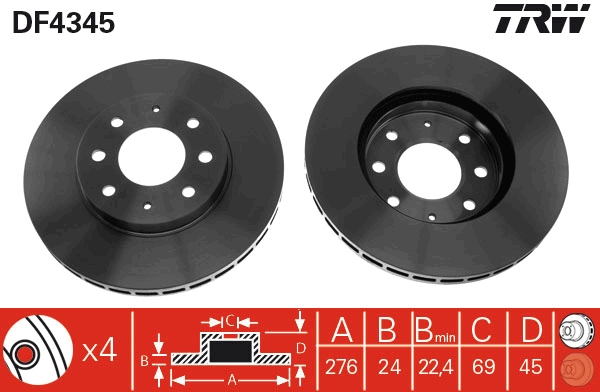 TRW Bremseskive df4345 ventileret 276mm 24mm for MITSUBISHI