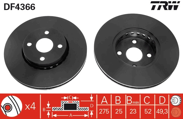 TRW Bremseskive df4366 ventileret 275mm 25mm for TOYOTA (FAW) TOYOTA