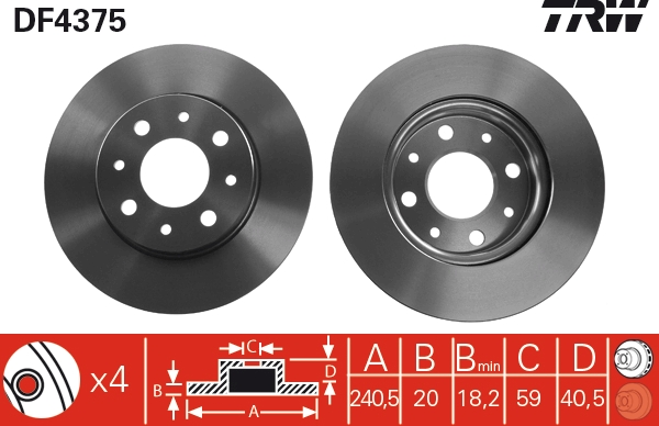 TRW Bremseskive df4375 241mm 20mm for FORD FIAT