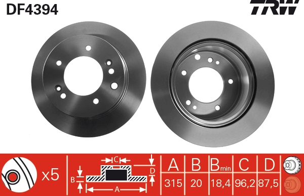 TRW Bremseskive df4394 ventileret 315mm 20mm for KIA