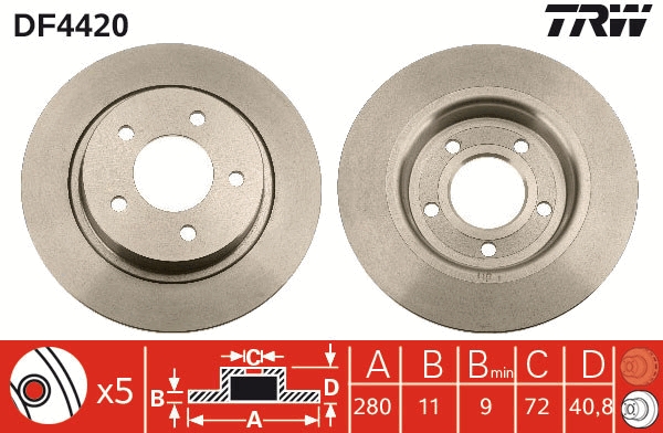 TRW Bremseskive df4420 fuld 280mm 11mm for MAZDA