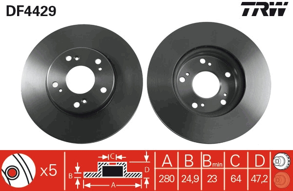TRW Bremseskive df4429 ventileret 280mm 25mm for HONDA