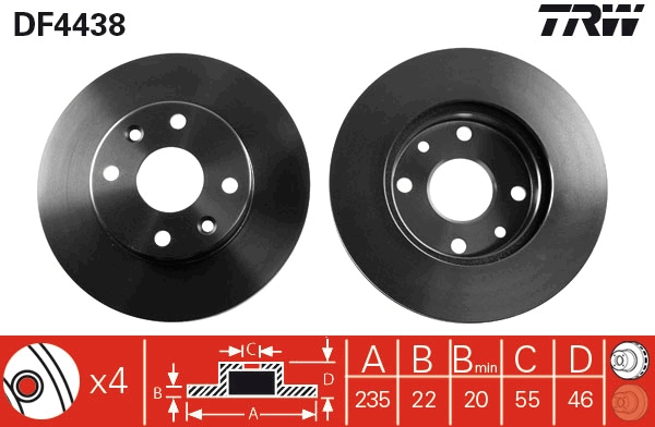 TRW Bremseskive df4438 ventileret 235mm 22mm for KIA