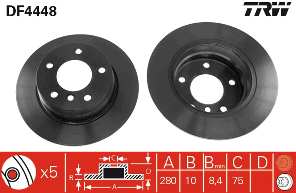 TRW Bremseskive df4448 fuld 280mm 10mm for BMW
