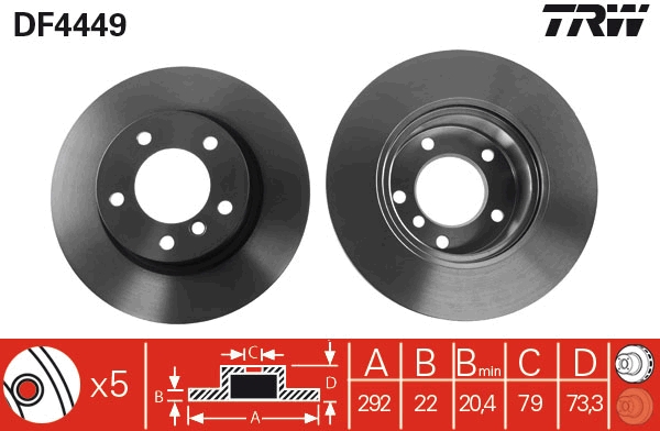TRW Bremseskive df4449 ventileret 292mm 22mm for BMW