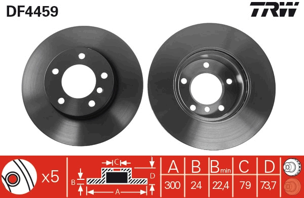 TRW Bremseskive df4459 ventileret 300mm 24mm for BMW