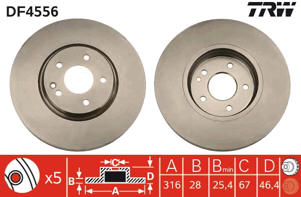 TRW Bremseskive df4556 ventileret 316mm 28mm for MERCEDES-BENZ