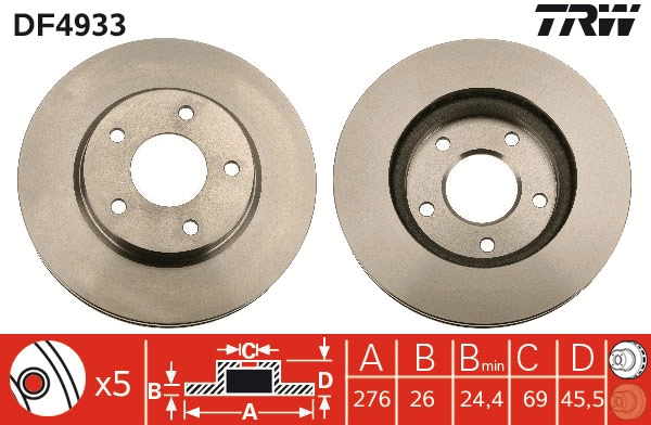 TRW Bremseskive df4933 276mm 26mm for CHRYSLER MITSUBISHI
