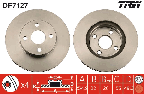 TRW Bremseskive df7127 ventileret 255mm 22mm for TOYOTA