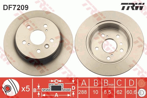 TRW Bremseskive df7209 fuld 288mm 10mm for TOYOTA