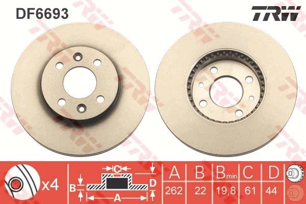 TRW Bremseskive df6693 262mm 22mm for RENAULT