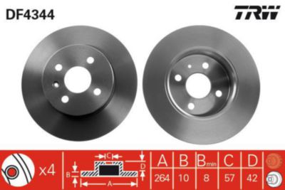 TRW Bremseskive df4344 264mm 10mm for OPEL VAUXHALL