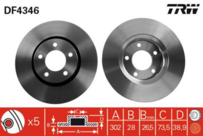 TRW Bremseskive df4346 ventileret 302mm 28mm for CHRYSLER DODGE