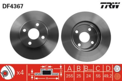 TRW Bremseskive df4367 255mm 25mm for GEELY TOYOTA BYD