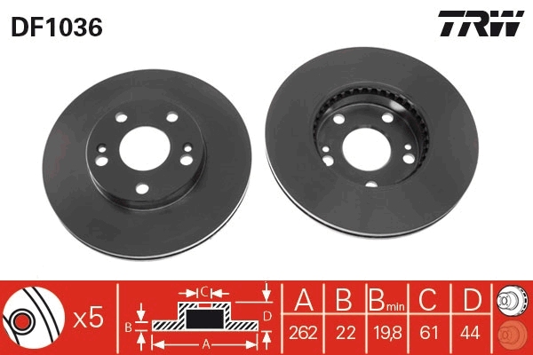 TRW Bremseskive df1036 ventileret 262mm 22mm for RENAULT