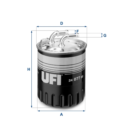 UFI Brændstof-filter 2407700 Filterindsats inlet__mm_916|Indgangs-Ø [mm]|10 outlet__mm_917|Udgangs-Ø [mm]|8 height_mm_209|Højde [mm]|125 outer_diamete