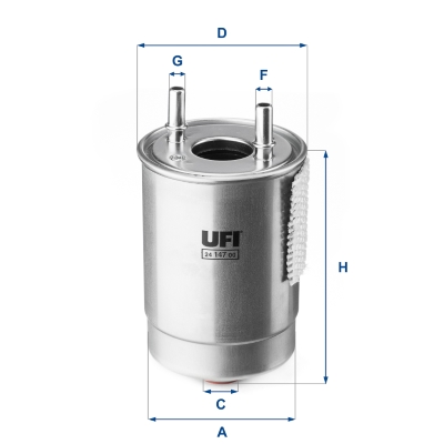UFI Brændstof-filter 2414700 Filterindsats inlet__mm_916|Indgangs-Ø [mm]|10 outlet__mm_917|Udgangs-Ø [mm]|10 height_mm_209|Højde [mm]|147 outer_diamet