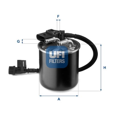 UFI Brændstof-filter 2414900 Filterindsats inlet__mm_916|Indgangs-Ø [mm]|10 outlet__mm_917|Udgangs-Ø [mm]|8 height_mm_209|Højde [mm]|100 outer_diamete
