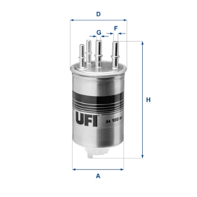 UFI Brændstof-filter 2418800 Filterindsats inlet__mm_916|Indgangs-Ø [mm]|9,8 outlet__mm_917|Udgangs-Ø [mm]|9,8 height_mm_209|Højde [mm]|187 outer_diam