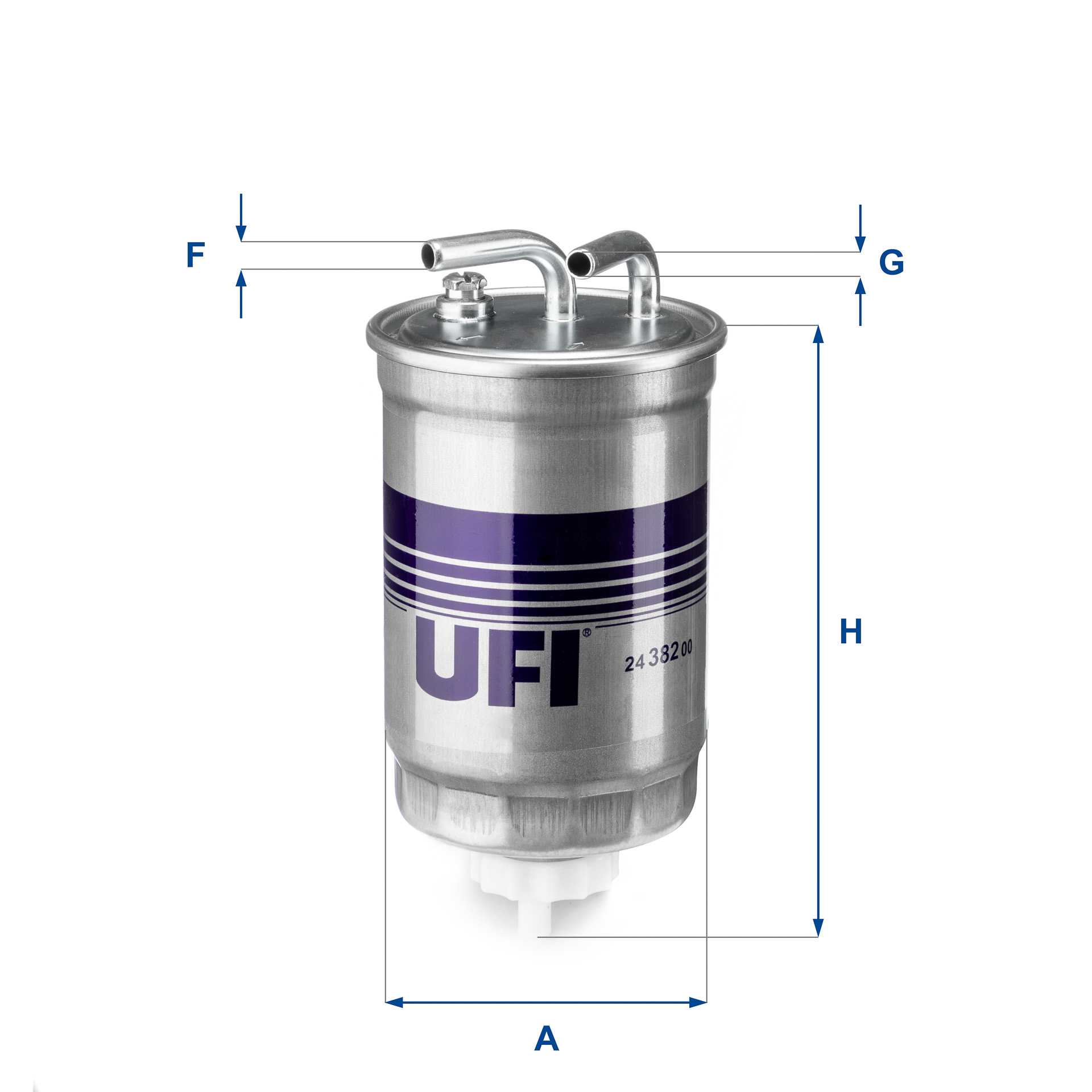 UFI Brændstof-filter 2438200 Filterindsats inlet__mm_916|Indgangs-Ø [mm]|8 outlet__mm_917|Udgangs-Ø [mm]|8 height_mm_209|Højde [mm]|153 outer_diameter