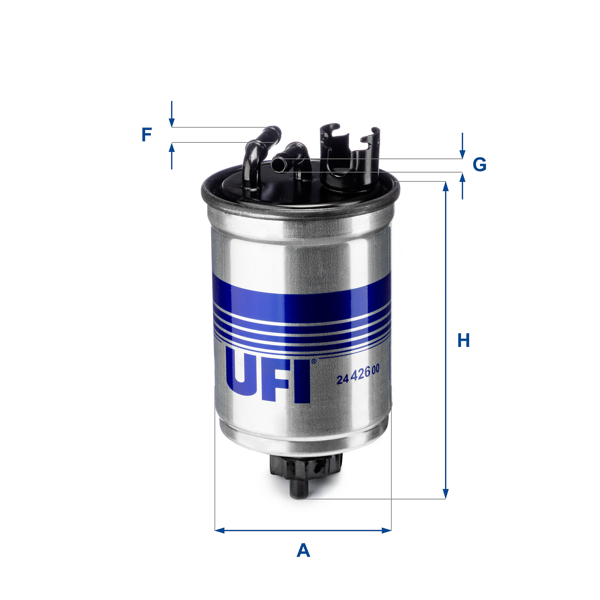 UFI Brændstof-filter 24.426.00 Filterindsats inlet__mm_916|Indgangs-Ø [mm]|8 outlet__mm_917|Udgangs-Ø [mm]|8 height_mm_209|Højde [mm]|145 outer_diamet