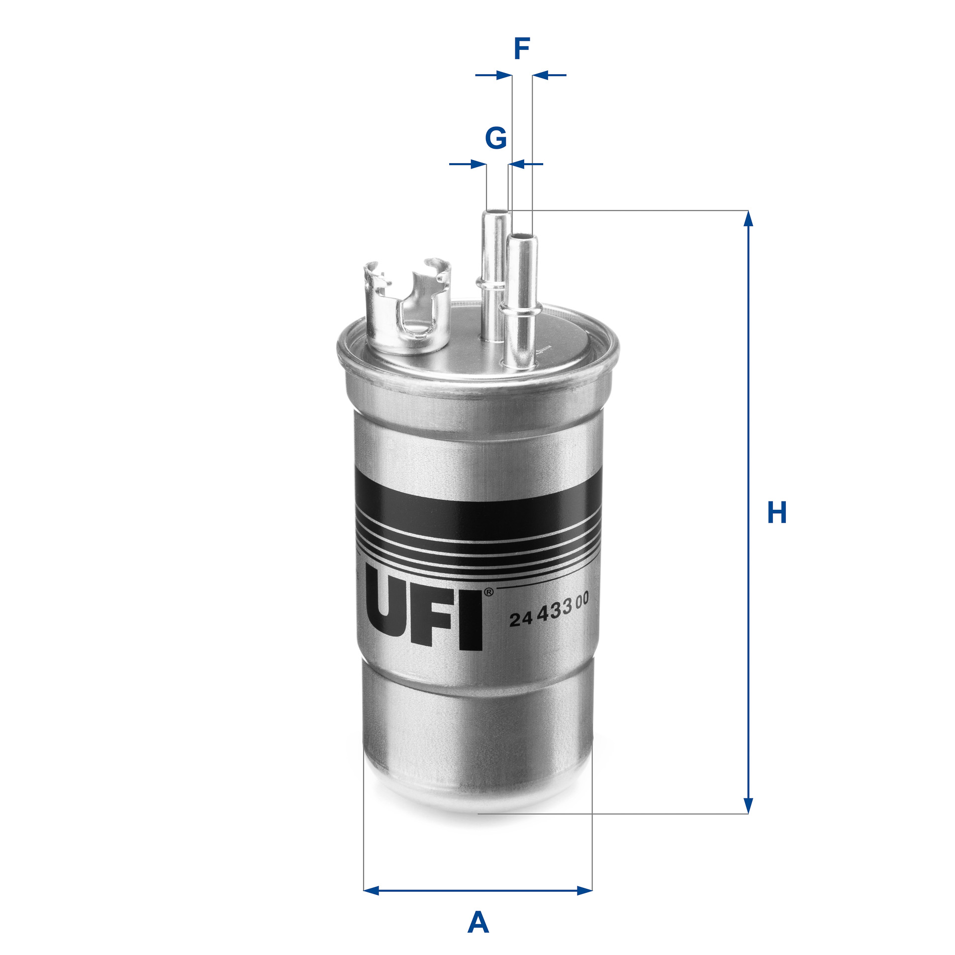 UFI Brændstof-filter 2443300 Filterindsats inlet__mm_916|Indgangs-Ø [mm]|10 outlet__mm_917|Udgangs-Ø [mm]|10 height_mm_209|Højde [mm]|202 outer_diamet