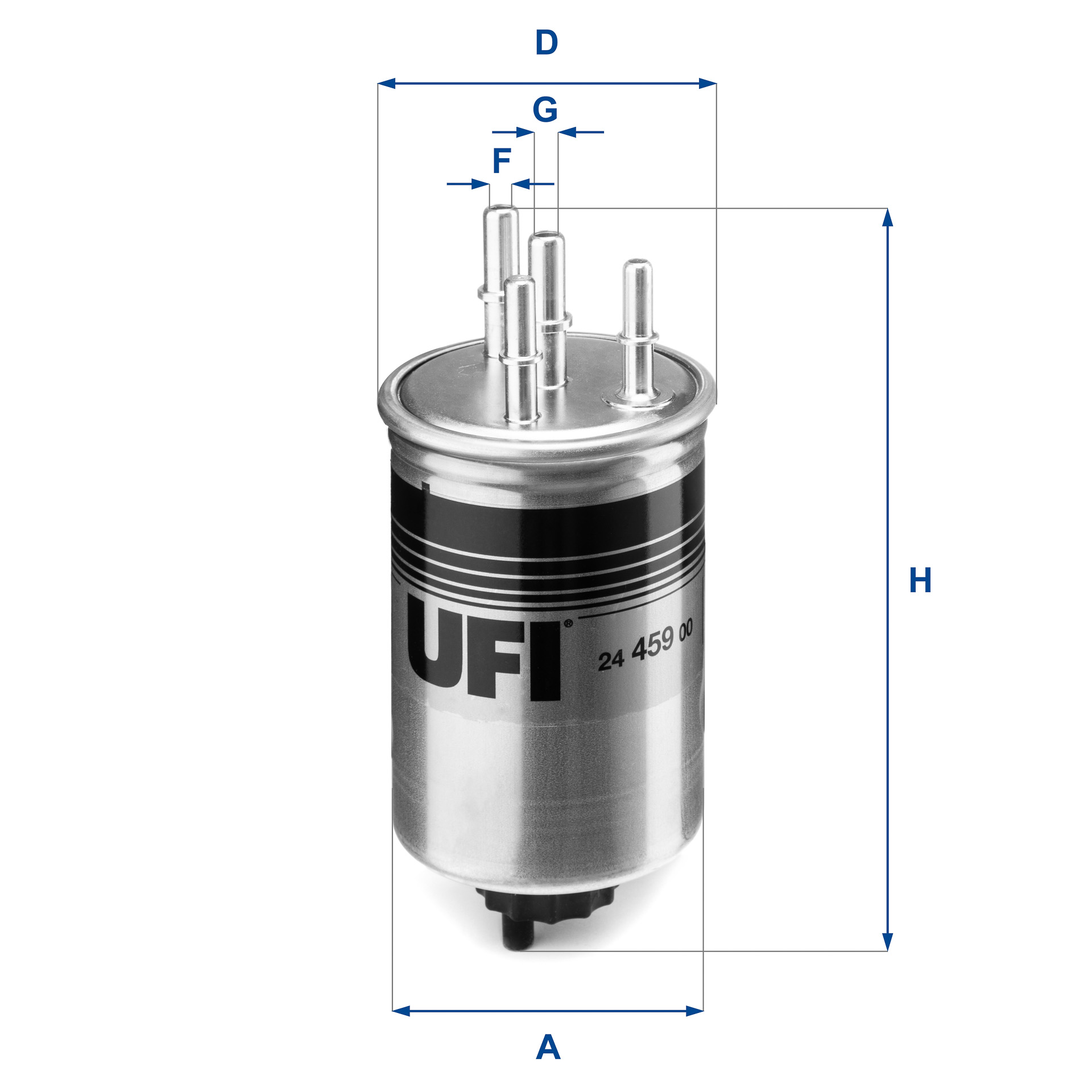 UFI Brændstof-filter 2445900 Filterindsats inlet__mm_916|Indgangs-Ø [mm]|10 outlet__mm_917|Udgangs-Ø [mm]|10 height_mm_209|Højde [mm]|187 outer_diamet